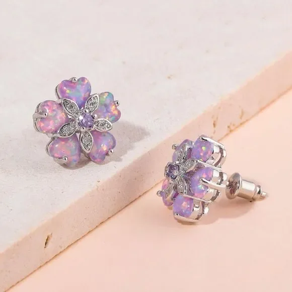 925 Sterling Silver with Purple Fire Opals and Purple Topaz Flower Stud Earrings